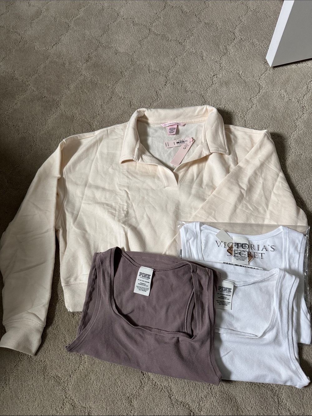 LOT Victoria's Secret Cream Collared Crop Pullover PINK 3 Tank Tops in White XS